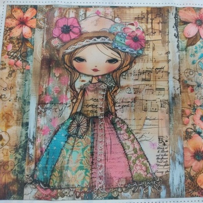 Tecido com estampa de menina em vestido colorido e fundo com pauta musical e flores cor de rosa