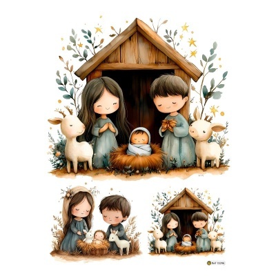 Ilustração de presépio com estábulo, bebé na palha, duas crianças e dois cervos, com folhagem e estrelas ao fundo.