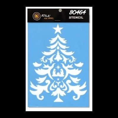 Stencil de plástico azul com padrão branco de árvore de Natal e embalagem preta com texto