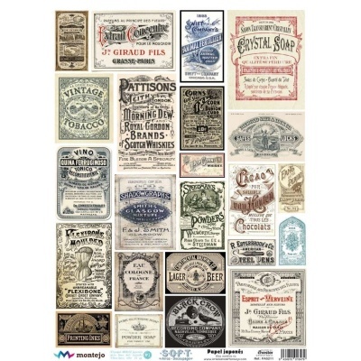 Etiquetas vintage com textos em inglês e francês em cores sépia, azul e vermelho