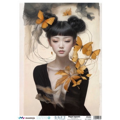 Mulher jovem com borboletas laranja e folhas secas em fundo claro