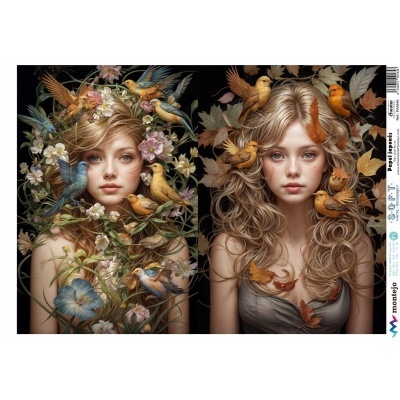 Dois retratos femininos com flores e pássaros no cabelo, lado a lado