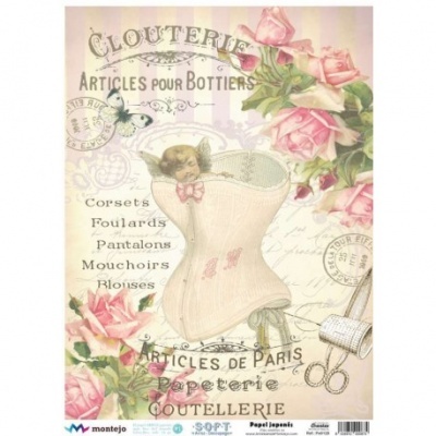 Imagem decorativa vintage com espartilho, flores rosas e texto em francês