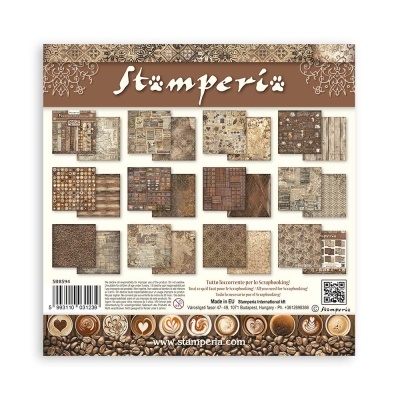 Conjunto de papéis estampados para scrapbooking da Stamperia com padrões em tons castanhos e bege.