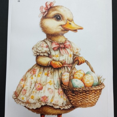 Ilustração de patinho com vestido floral e cesta de ovos coloridos.