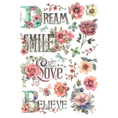 Papel de arroz Stamperia Houses Dream, smile, love, Believe DFSA 4992