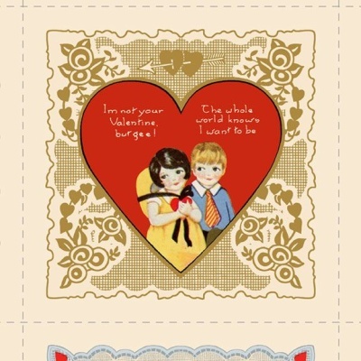 Cartão vintage com coração vermelho e ilustração de duas crianças dentro