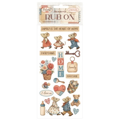 Transferências decorativas com ratinhos, flores, corações, chave e textos em inglês.