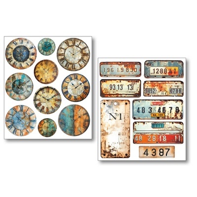 Dois quadros com relógios antigos e placas vintage com números