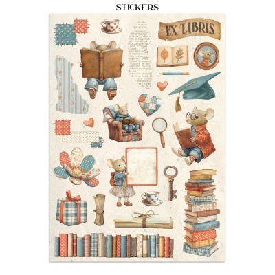 Autocolantes de ratinhos a ler, livros, objetos educativos e padrões em tons pastel.