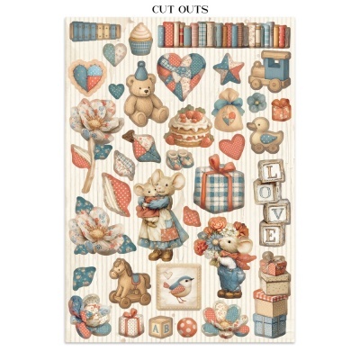 recortes decorativos infantis com ursinho, ratinhos, flores e blocos LOVE