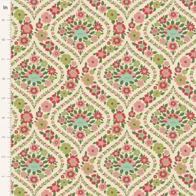 Tecido floral com padrão repetido em vermelho, rosa, verde e azul claro sobre fundo bege