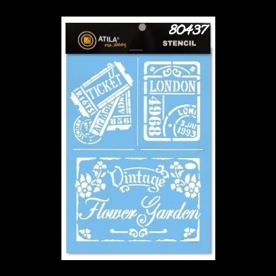 Stencil azul com padrões brancos de bilhetes, carimbo London e texto Vintage Flower Garden