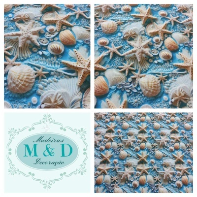 Padrão de conchas e estrelas do mar creme sobre fundo azul com logótipo 'Madeiras M&D Decoração'