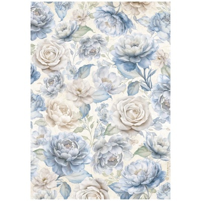 Papel de parede com padrão floral azul e branco