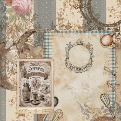 Papel decorativo vintage com padrão floral, rótulo francês e utensílios de cozinha desenhados.