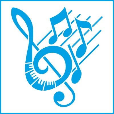 Imagem gráfica azul de clave de sol com teclado e notas musicais em fundo branco