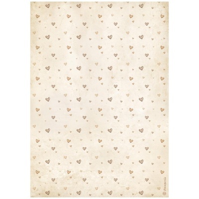 Papel decorativo bege com corações castanhos pequenos e textura envelhecida