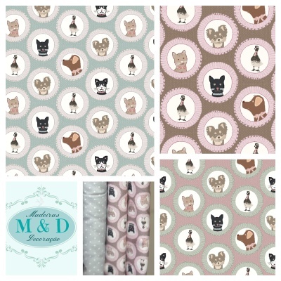 Tecido com padrão de animais estilizados em círculos coloridos e logo Madieras M & D Decoração