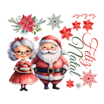 Ilustração de Papai Noel e Mamãe Noel com decoração natalina e texto Feliz Natal