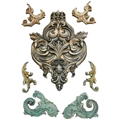 Elementos decorativos ornamentais em tons dourado, bronze e verde pátina