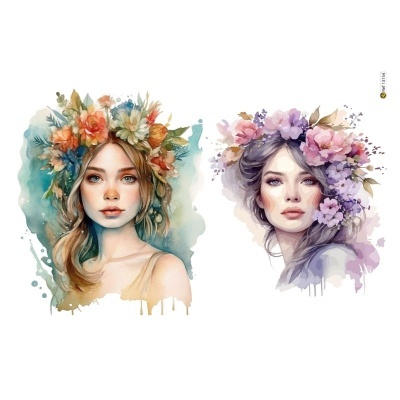 Pintura aguarela de duas mulheres com coroas de flores coloridas.