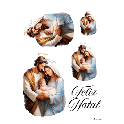 Representação artística da Sagrada Família com texto 'Feliz Natal'