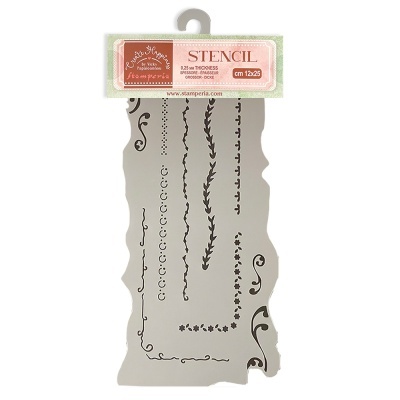 Estêncil cinzento com padrões decorativos e etiqueta de embalagem com texto