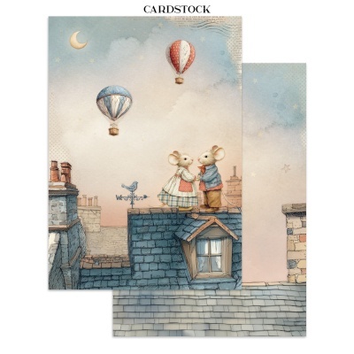 Cartões de papel com ilustração de dois ratos vestidos vintage em telhado com balões de ar quente no céu.