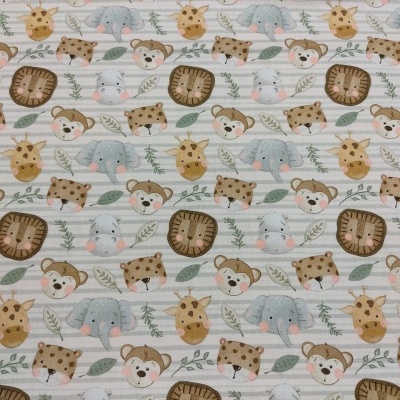 Tecido com padrão de vários animais fofos e folhas verdes