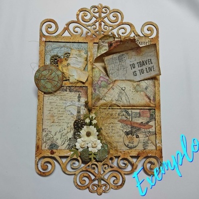 Quadro decorativo vintage de metal com elementos de viagem e flores