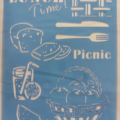 Ilustrações para piquenique em fundo azul com texto LUNCH Time! e Picnic.