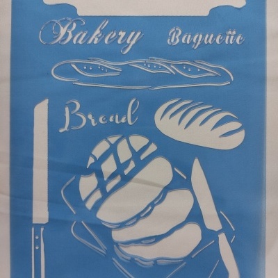 Estêncil azul com recortes de pães, facas e texto relacionado a padaria.