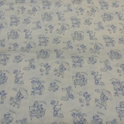 Tecido branco com desenhos azuis de caricaturas e dias da semana em inglês