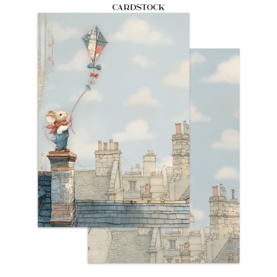 Cartolina cartão com rato segurando papagaio sobre telhado e céu azul