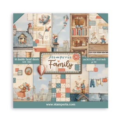 Bloco de folhas decorativas com tema Family da Stamperia com desenhos de ratos e patchwork