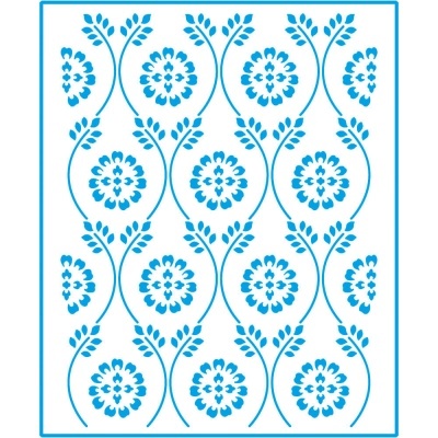 Padrão geométrico com flores azuis estilizadas e ramos sobre fundo branco