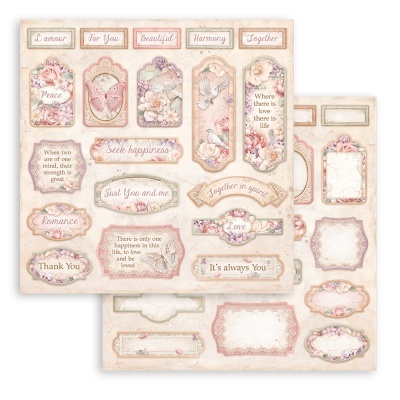 Etiquetas decorativas para artesanato com flores e texto em inglês em tons pastel