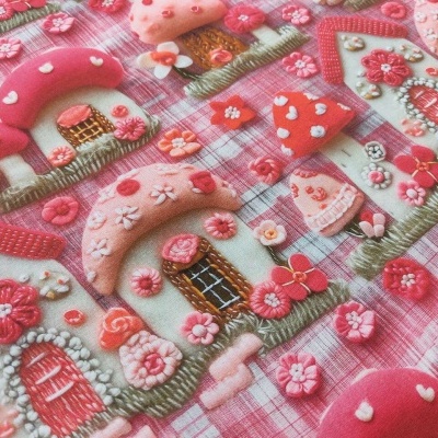 Tecido padrão casas e cogumelos em vermelho, rosa e bege com fundo xadrez