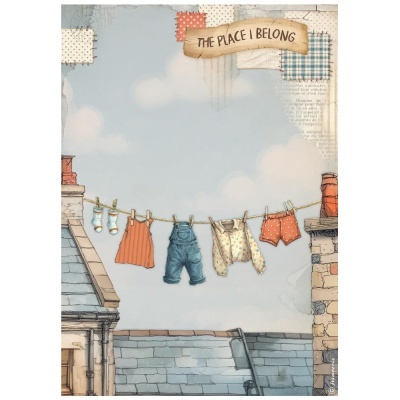 Ilustração de roupa de criança em estendal entre telhados com céu ao fundo