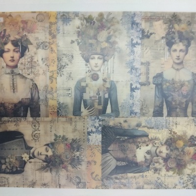 Retratos artísticos vintage femininos com detalhes florais e partituras musicais