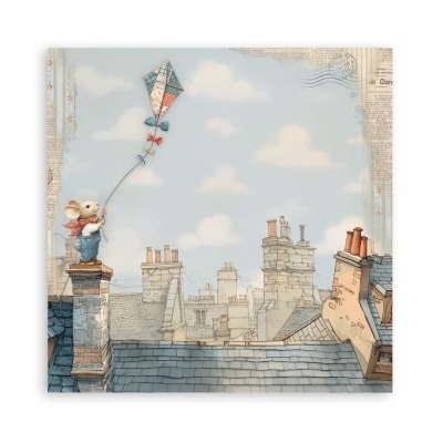 Ilustração de rato com pipa em cima de chaminé e telhados ao fundo