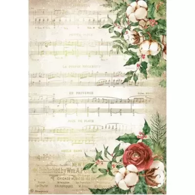 Papel decorativo com pauta musical e flores vermelhas e algodão nas bordas.