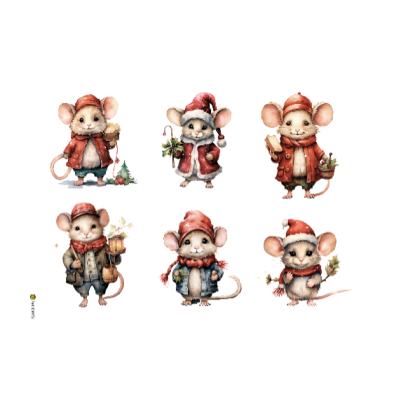 Seis ratos vestidos para o inverno com roupa festiva e objetos de natal