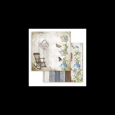 Papéis decorativos com cadeira de baloiço, flores, borboletas e tábuas de madeira