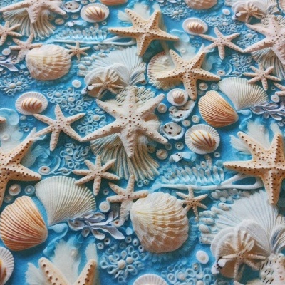 Estrelas-do-mar e conchas sobre superfície azul texturizada