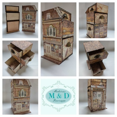 Caixa organizadora em formato de edifício antigo com 3 gavetas, em tons castanho e bege, várias vistas