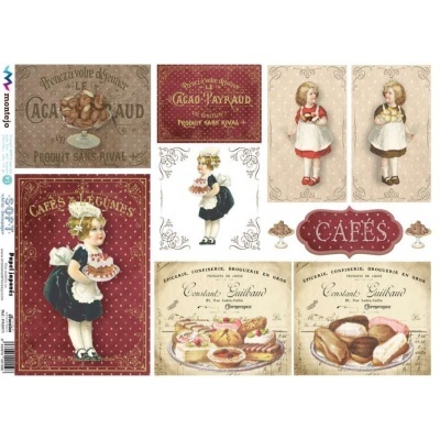 Etiquetas vintage com meninas a segurar bolos, doces e texto em francês em fundo bege e vermelho escuro.