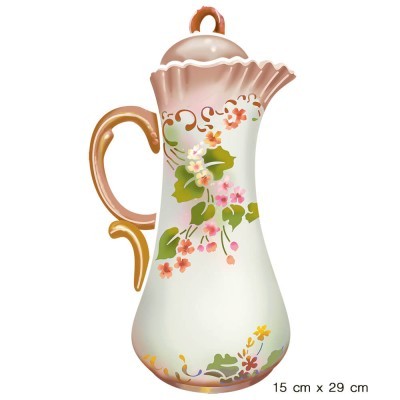 Jarra decorativa de cerâmica branca com flores e detalhes rosa e dourados