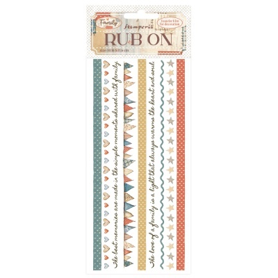 Folha de transferências decorativas com padrões coloridos e texto em inglês.